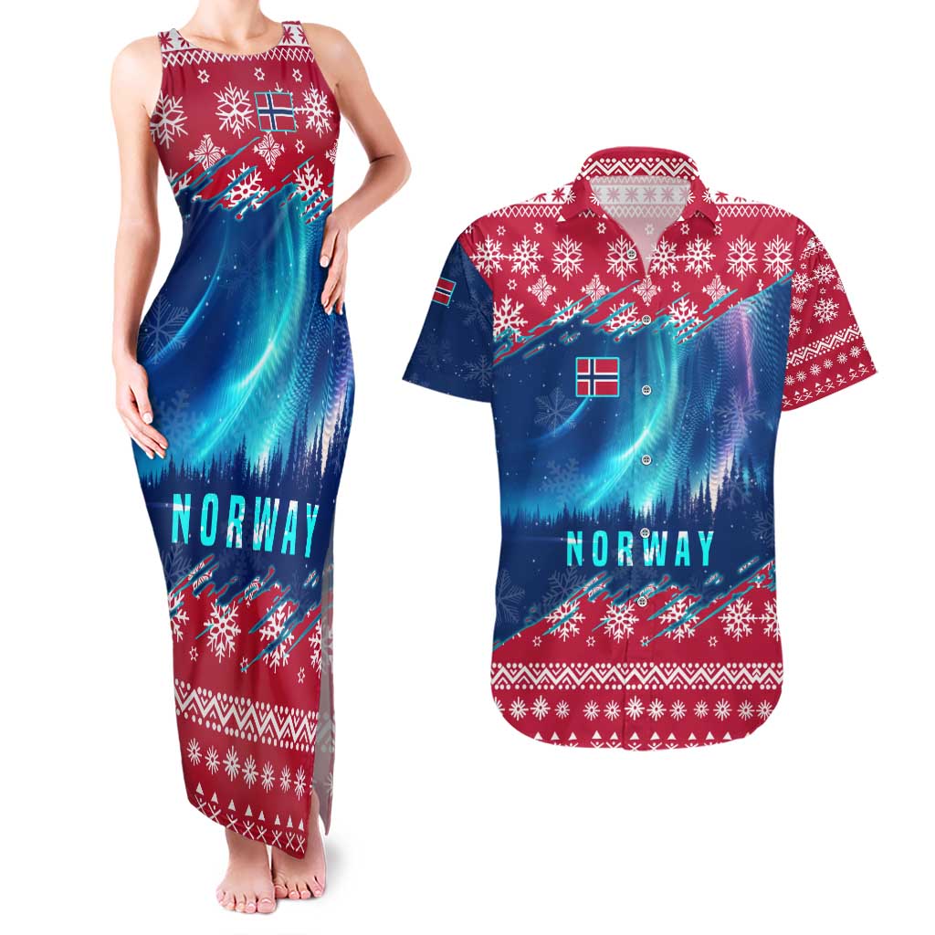 Norway Christmas Couples Matching Tank Maxi Dress and Hawaiian Shirt with Northern Lights Snowflake Pattern and Nordic Forest - Wonder Print Shop