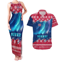Norway Christmas Couples Matching Tank Maxi Dress and Hawaiian Shirt with Northern Lights Snowflake Pattern and Nordic Forest - Wonder Print Shop