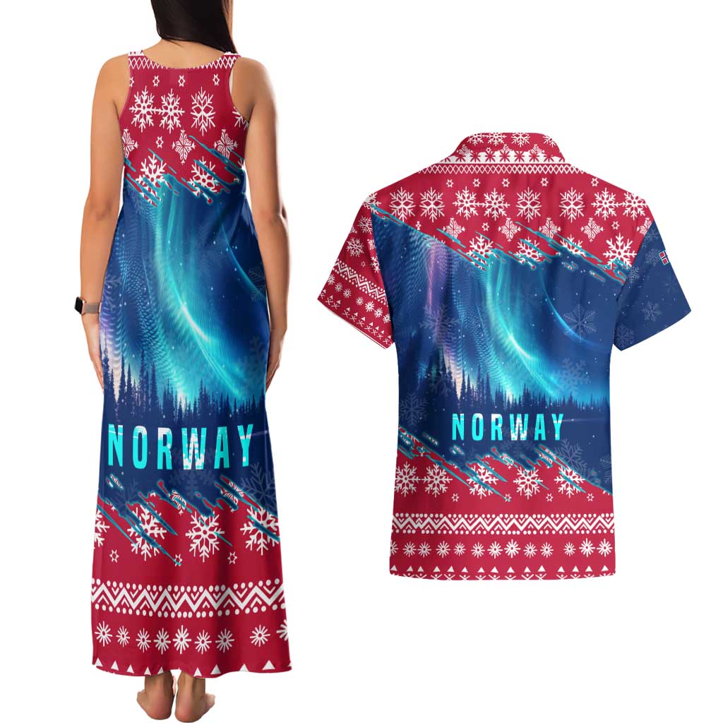 Norway Christmas Couples Matching Tank Maxi Dress and Hawaiian Shirt with Northern Lights Snowflake Pattern and Nordic Forest - Wonder Print Shop