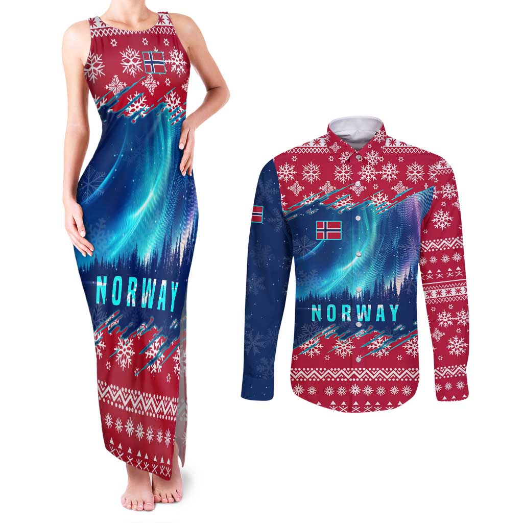 Norway Christmas Couples Matching Tank Maxi Dress and Long Sleeve Button Shirt with Northern Lights Snowflake Pattern and Nordic Forest - Wonder Print Shop