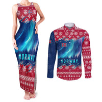 Norway Christmas Couples Matching Tank Maxi Dress and Long Sleeve Button Shirt with Northern Lights Snowflake Pattern and Nordic Forest - Wonder Print Shop