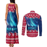Norway Christmas Couples Matching Tank Maxi Dress and Long Sleeve Button Shirt with Northern Lights Snowflake Pattern and Nordic Forest - Wonder Print Shop