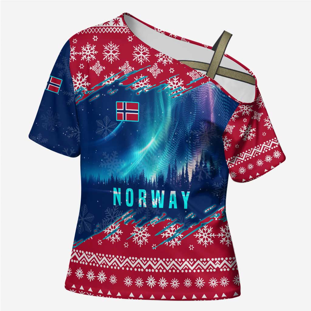 Norway Christmas Cross Shoulder Shirt with Northern Lights Snowflake Pattern and Nordic Forest - Wonder Print Shop