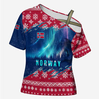 Norway Christmas Cross Shoulder Shirt with Northern Lights Snowflake Pattern and Nordic Forest - Wonder Print Shop