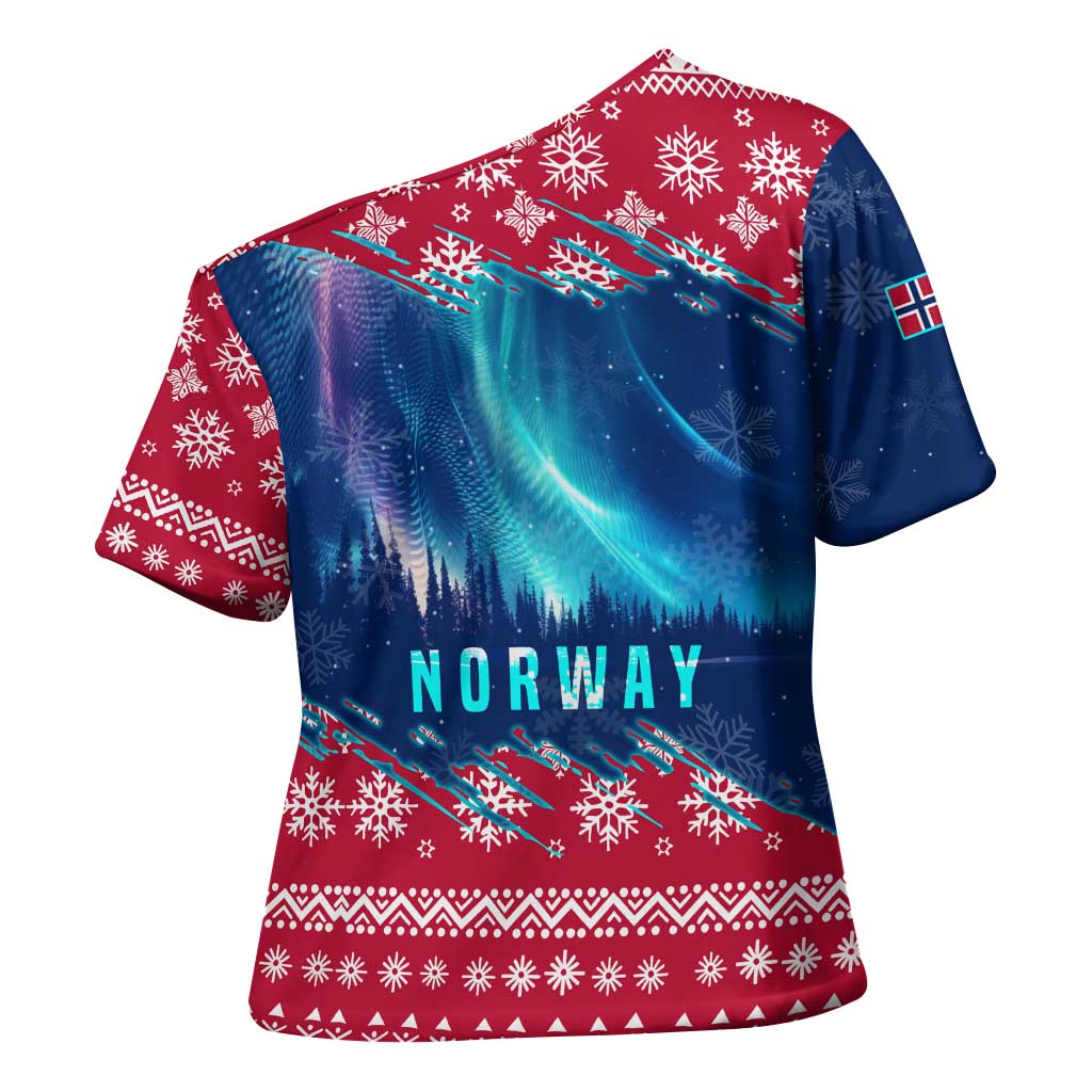 Norway Christmas Cross Shoulder Shirt with Northern Lights Snowflake Pattern and Nordic Forest - Wonder Print Shop