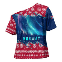 Norway Christmas Cross Shoulder Shirt with Northern Lights Snowflake Pattern and Nordic Forest - Wonder Print Shop