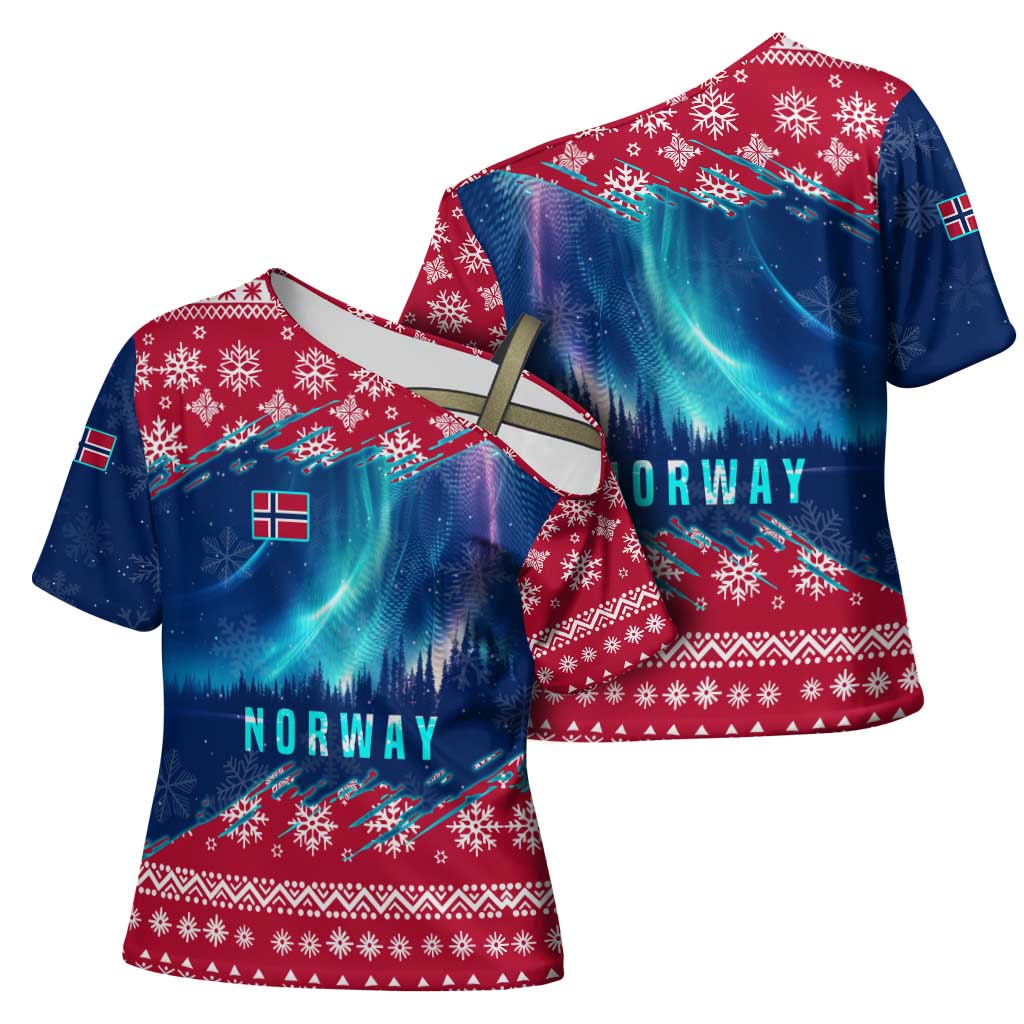 Norway Christmas Cross Shoulder Shirt with Northern Lights Snowflake Pattern and Nordic Forest - Wonder Print Shop