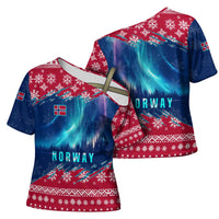 Norway Christmas Cross Shoulder Shirt with Northern Lights Snowflake Pattern and Nordic Forest - Wonder Print Shop