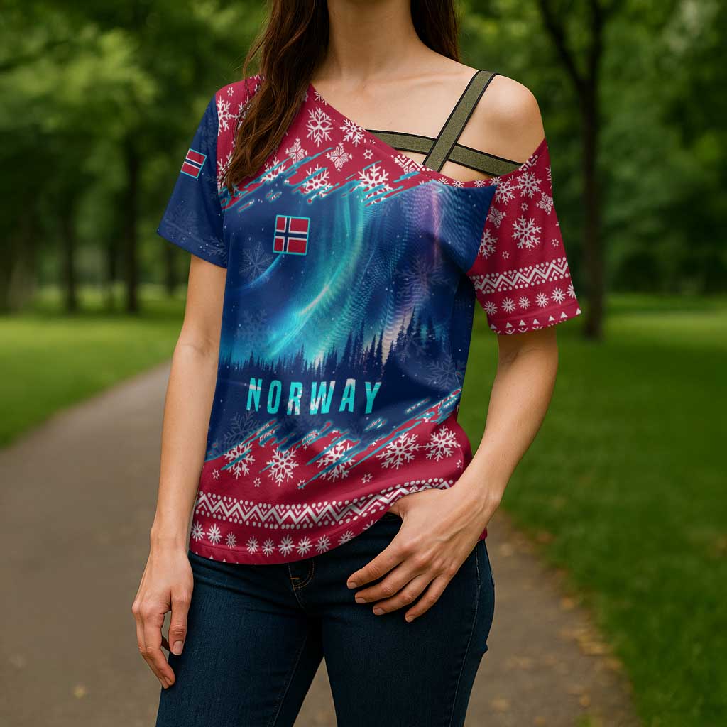 Norway Christmas Cross Shoulder Shirt with Northern Lights Snowflake Pattern and Nordic Forest - Wonder Print Shop