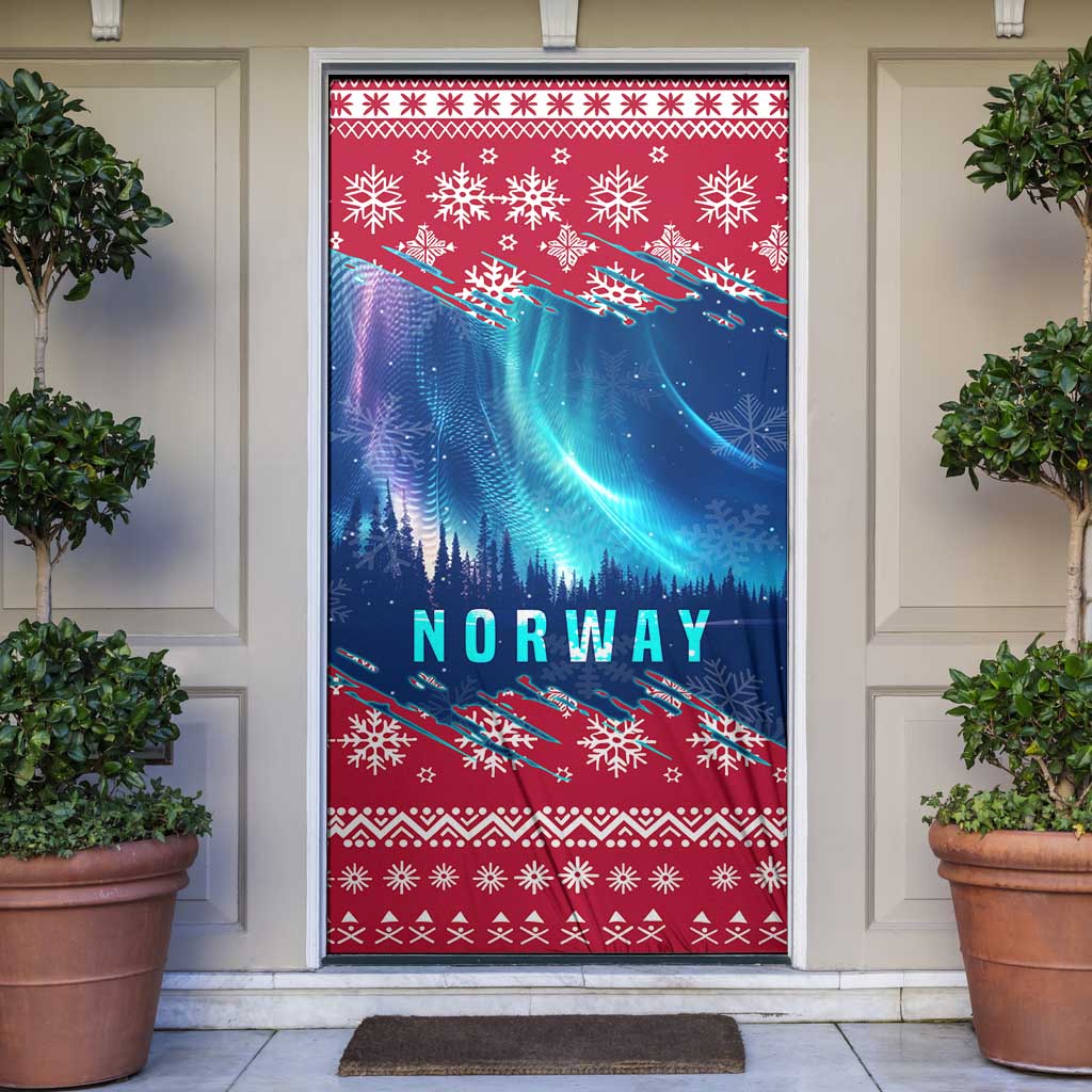 Norway Christmas Door Cover with Northern Lights Snowflake Pattern and Nordic Forest - Wonder Print Shop