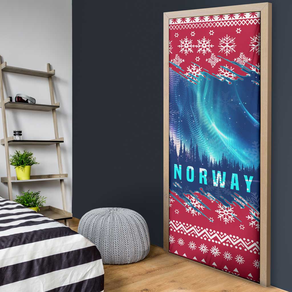 Norway Christmas Door Cover with Northern Lights Snowflake Pattern and Nordic Forest - Wonder Print Shop