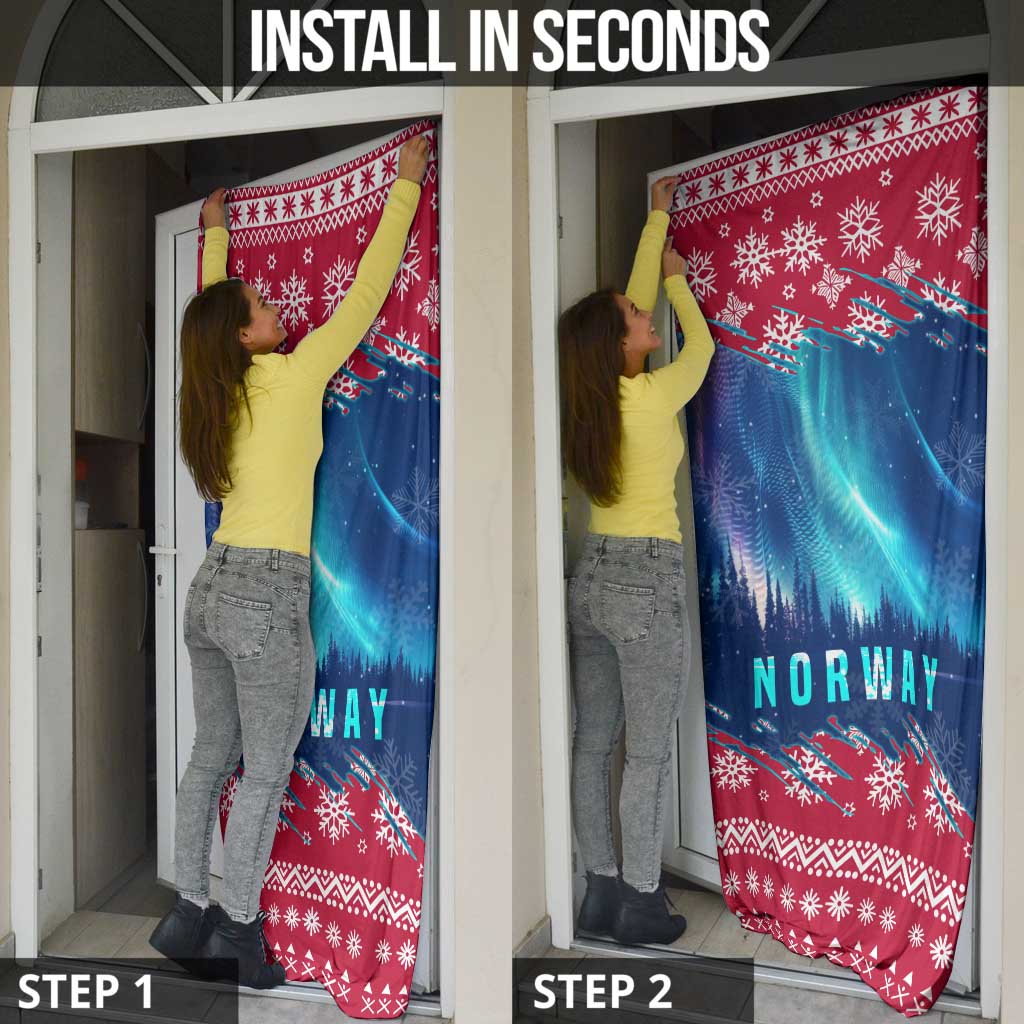 Norway Christmas Door Cover with Northern Lights Snowflake Pattern and Nordic Forest - Wonder Print Shop