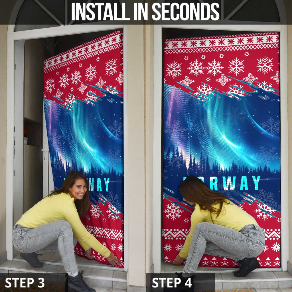 Norway Christmas Door Cover with Northern Lights Snowflake Pattern and Nordic Forest - Wonder Print Shop