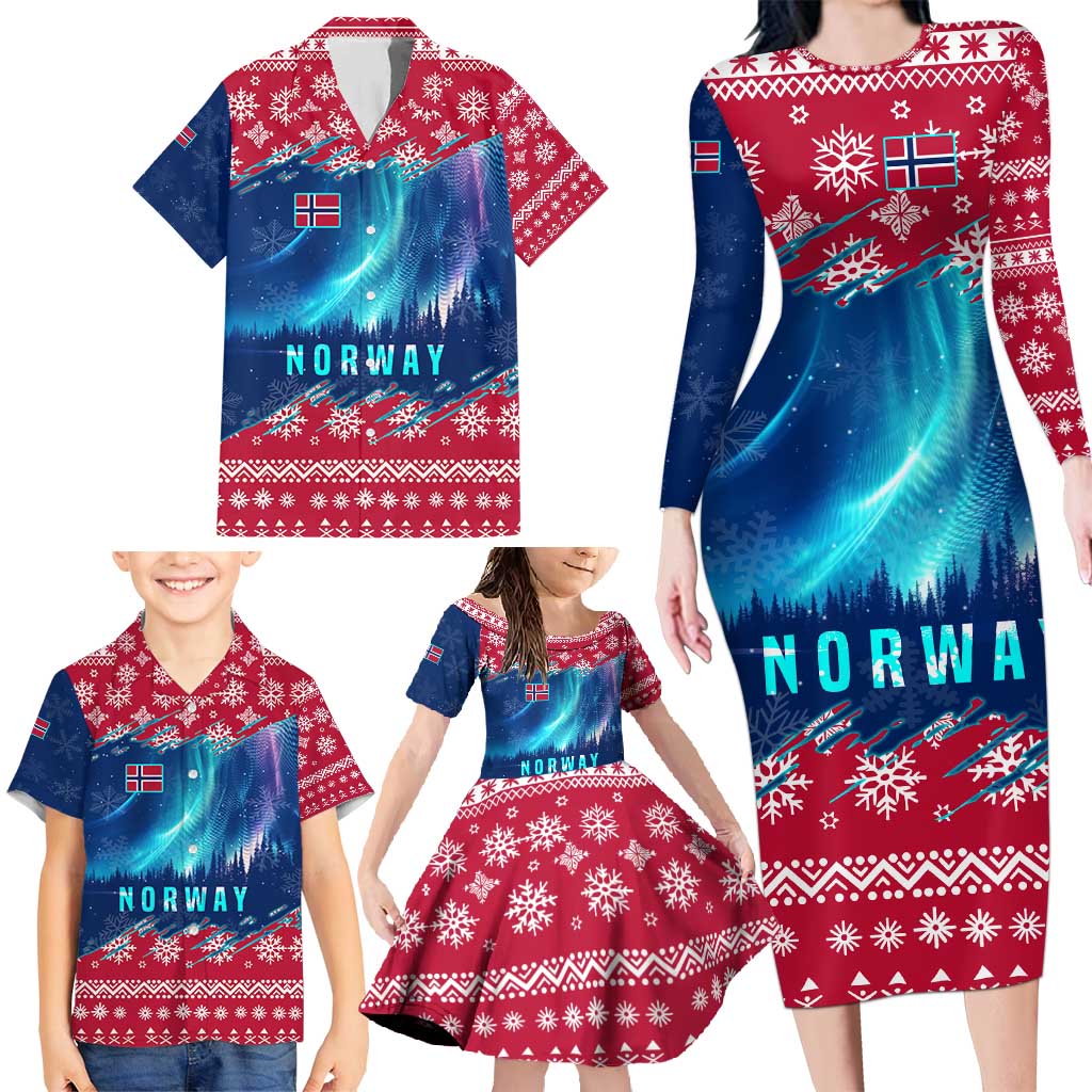Norway Christmas Family Matching Long Sleeve Bodycon Dress and Hawaiian Shirt with Northern Lights Snowflake Pattern and Nordic Forest - Wonder Print Shop