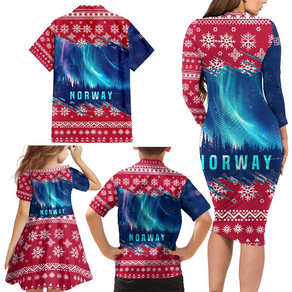 Norway Christmas Family Matching Long Sleeve Bodycon Dress and Hawaiian Shirt with Northern Lights Snowflake Pattern and Nordic Forest - Wonder Print Shop