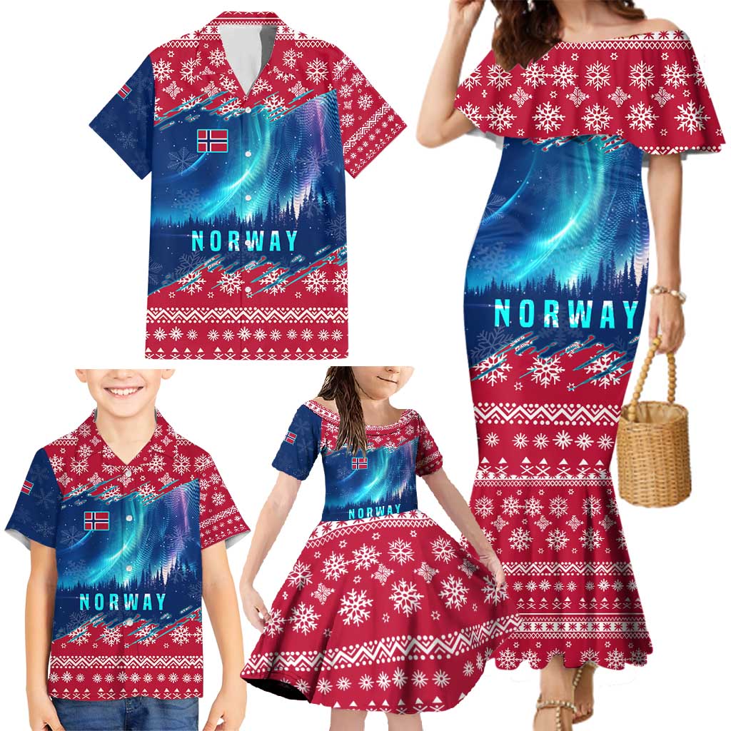 Norway Christmas Family Matching Mermaid Dress and Hawaiian Shirt with Northern Lights Snowflake Pattern and Nordic Forest - Wonder Print Shop