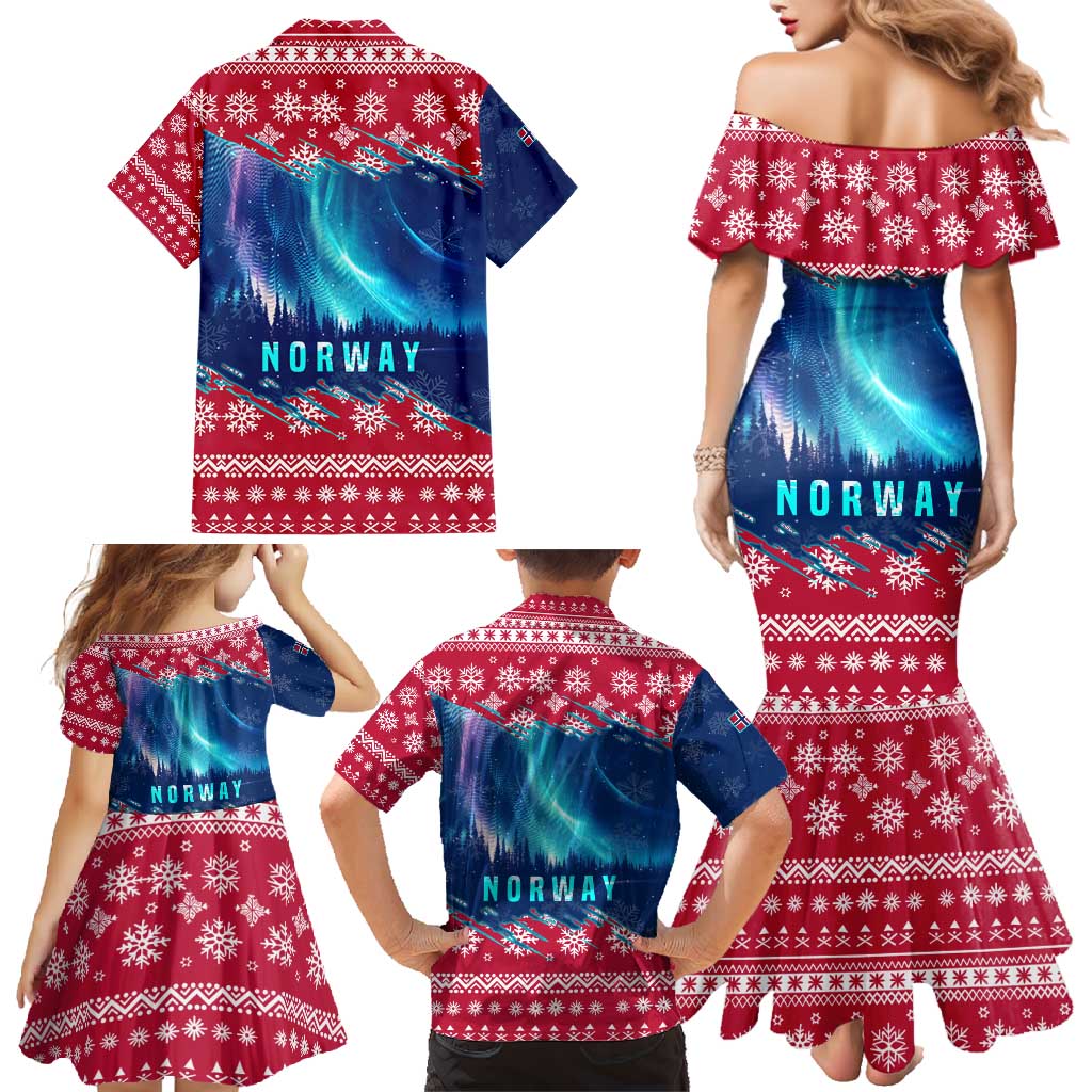 Norway Christmas Family Matching Mermaid Dress and Hawaiian Shirt with Northern Lights Snowflake Pattern and Nordic Forest - Wonder Print Shop