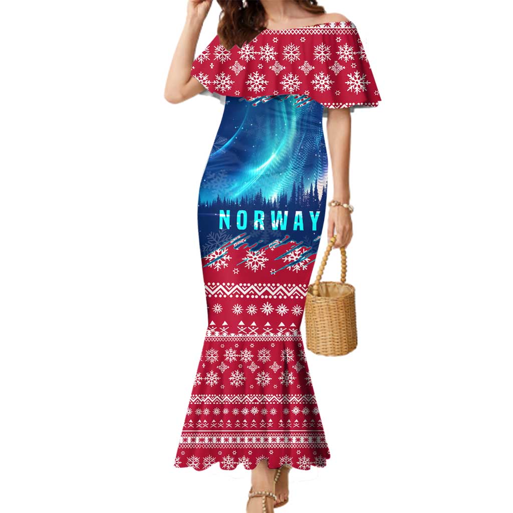 Norway Christmas Family Matching Mermaid Dress and Hawaiian Shirt with Northern Lights Snowflake Pattern and Nordic Forest - Wonder Print Shop