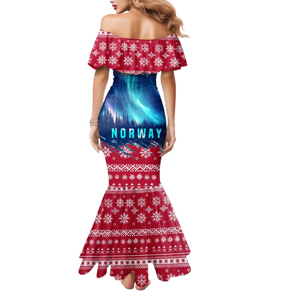 Norway Christmas Family Matching Mermaid Dress and Hawaiian Shirt with Northern Lights Snowflake Pattern and Nordic Forest - Wonder Print Shop