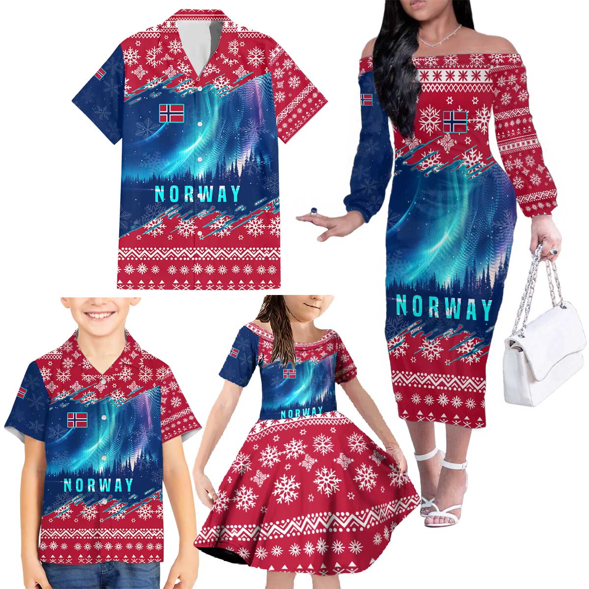 Norway Christmas Family Matching Off The Shoulder Long Sleeve Dress and Hawaiian Shirt with Northern Lights Snowflake Pattern and Nordic Forest - Wonder Print Shop