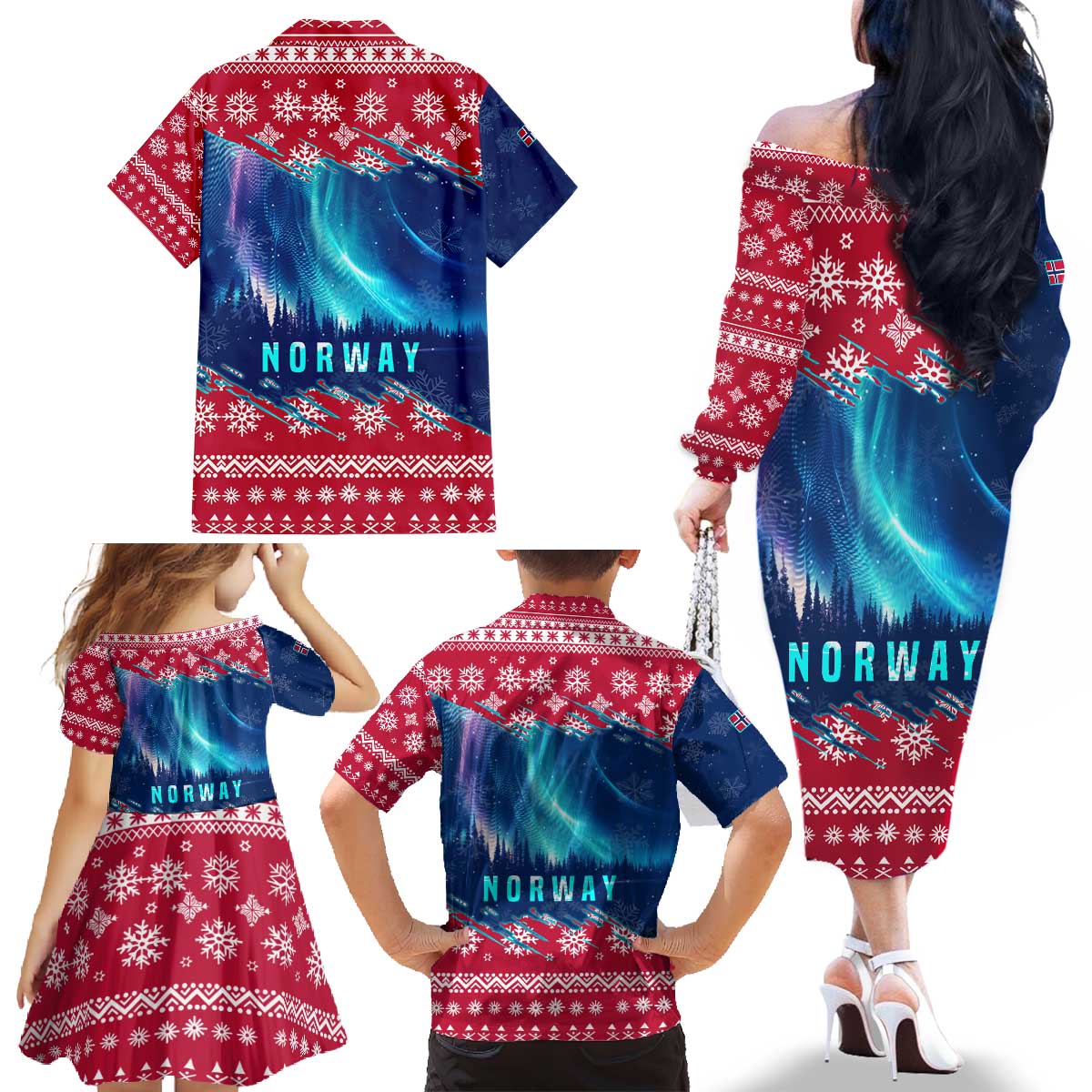 Norway Christmas Family Matching Off The Shoulder Long Sleeve Dress and Hawaiian Shirt with Northern Lights Snowflake Pattern and Nordic Forest - Wonder Print Shop