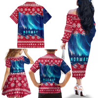 Norway Christmas Family Matching Off The Shoulder Long Sleeve Dress and Hawaiian Shirt with Northern Lights Snowflake Pattern and Nordic Forest - Wonder Print Shop