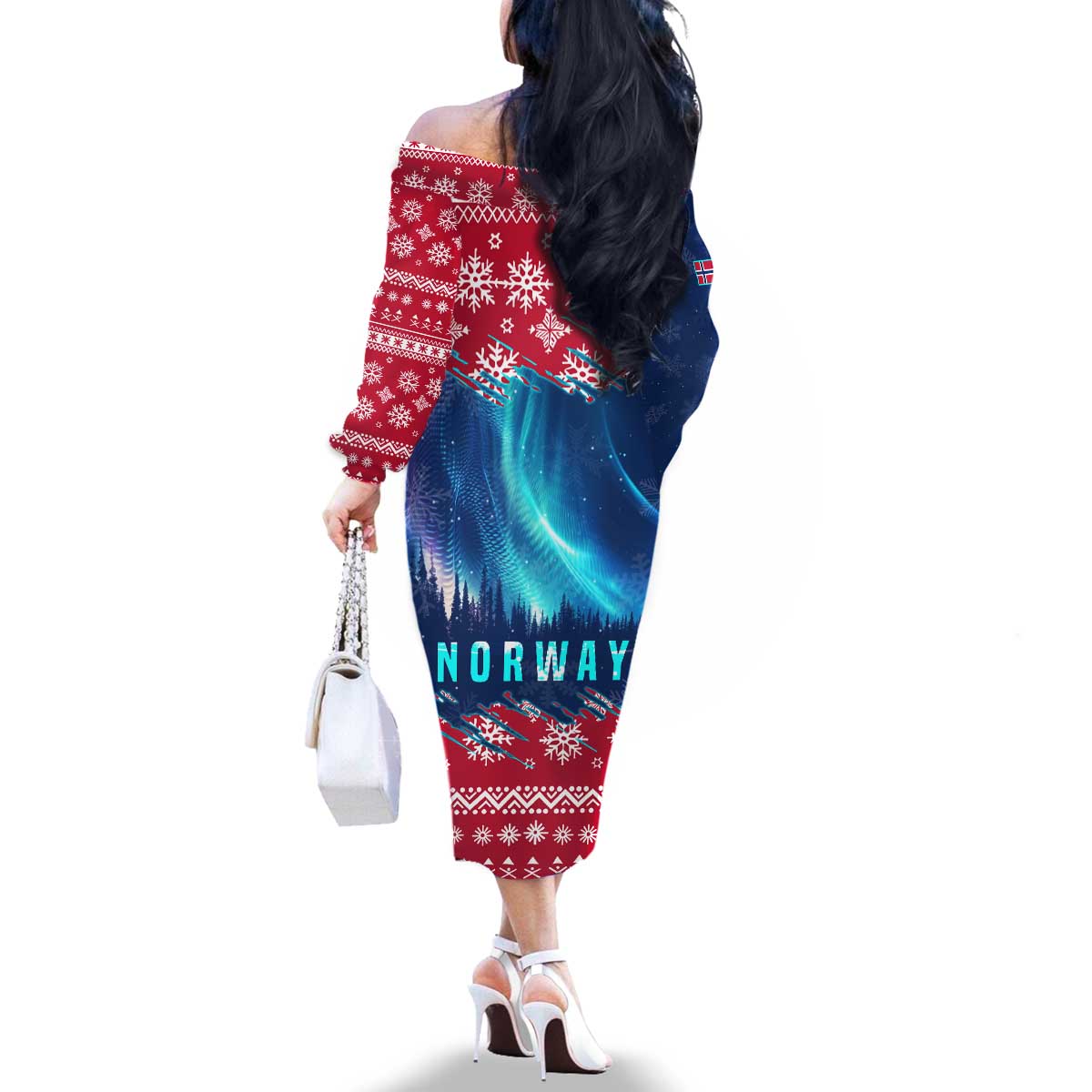 Norway Christmas Family Matching Off The Shoulder Long Sleeve Dress and Hawaiian Shirt with Northern Lights Snowflake Pattern and Nordic Forest - Wonder Print Shop