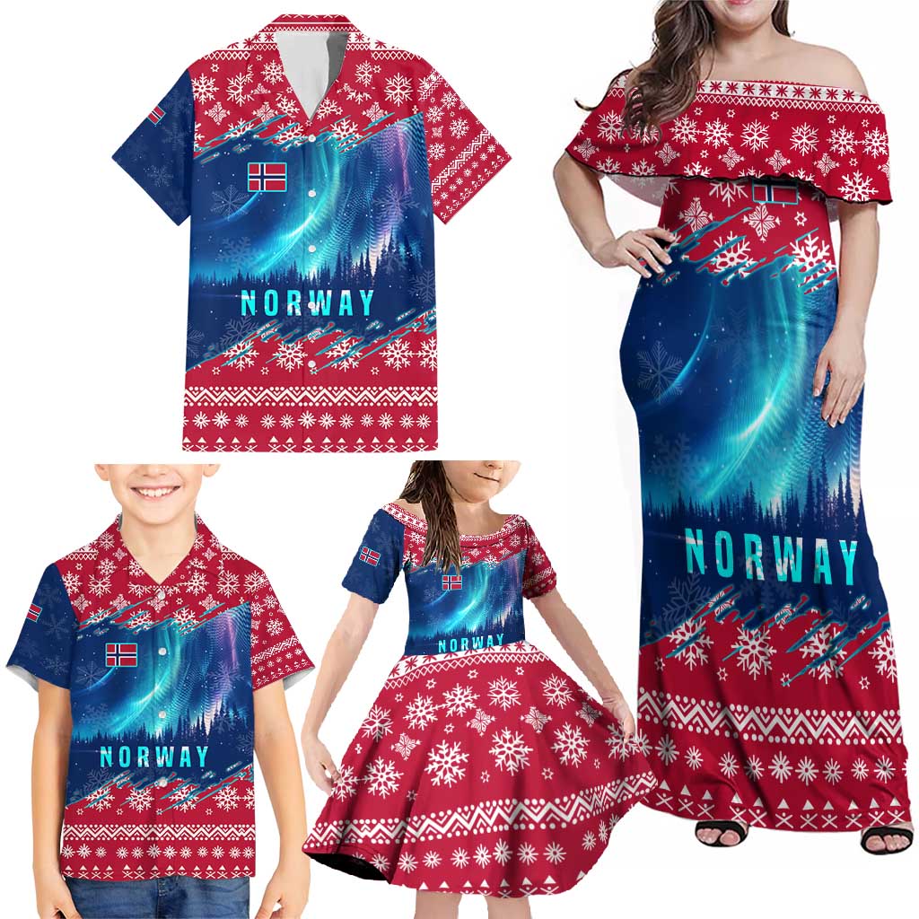 Norway Christmas Family Matching Off Shoulder Maxi Dress and Hawaiian Shirt with Northern Lights Snowflake Pattern and Nordic Forest - Wonder Print Shop