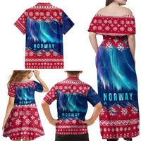 Norway Christmas Family Matching Off Shoulder Maxi Dress and Hawaiian Shirt with Northern Lights Snowflake Pattern and Nordic Forest - Wonder Print Shop