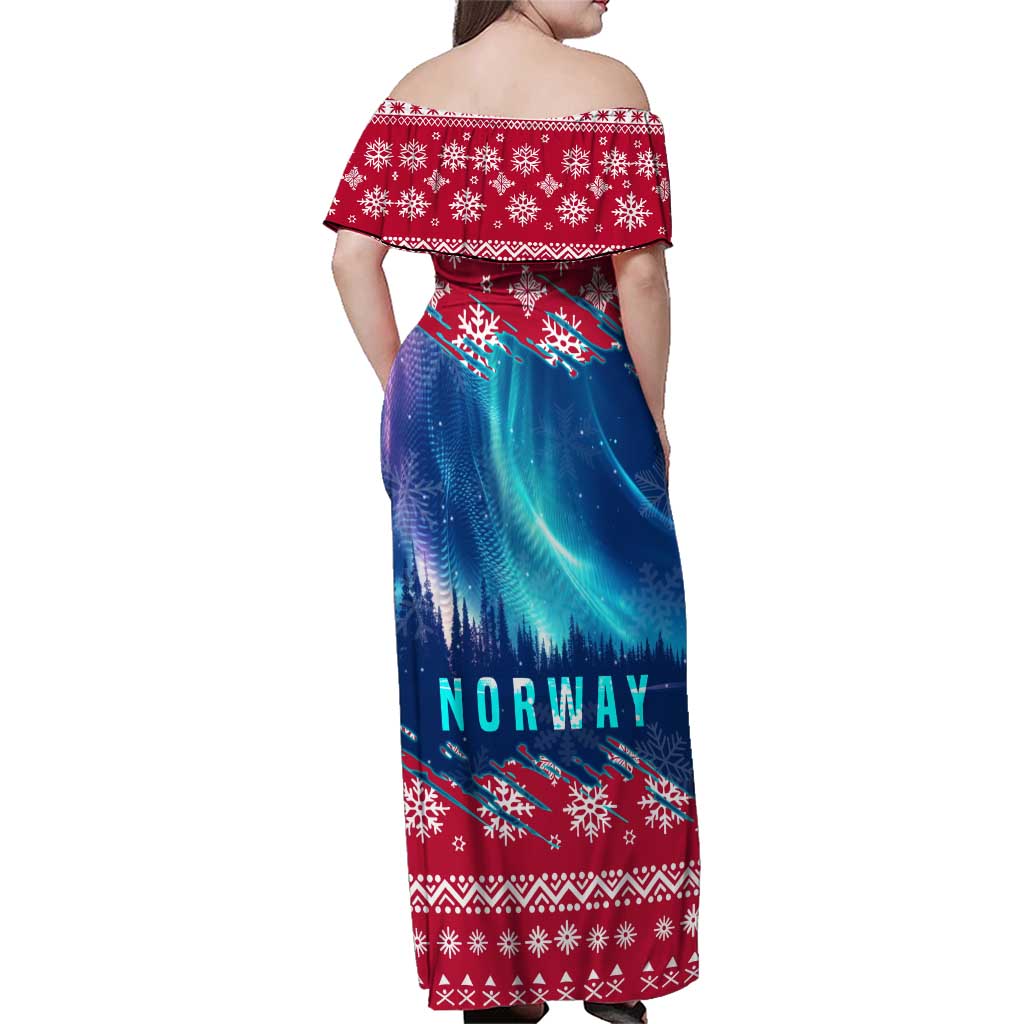 Norway Christmas Family Matching Off Shoulder Maxi Dress and Hawaiian Shirt with Northern Lights Snowflake Pattern and Nordic Forest - Wonder Print Shop
