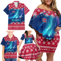 Norway Christmas Family Matching Off Shoulder Short Dress and Hawaiian Shirt with Northern Lights Snowflake Pattern and Nordic Forest - Wonder Print Shop