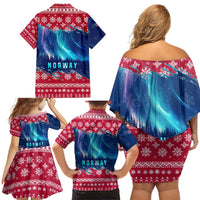 Norway Christmas Family Matching Off Shoulder Short Dress and Hawaiian Shirt with Northern Lights Snowflake Pattern and Nordic Forest - Wonder Print Shop