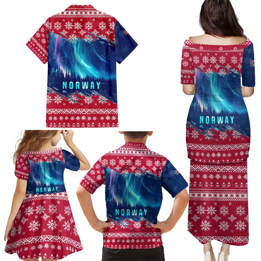 Norway Christmas Family Matching Puletasi and Hawaiian Shirt with Northern Lights Snowflake Pattern and Nordic Forest - Wonder Print Shop
