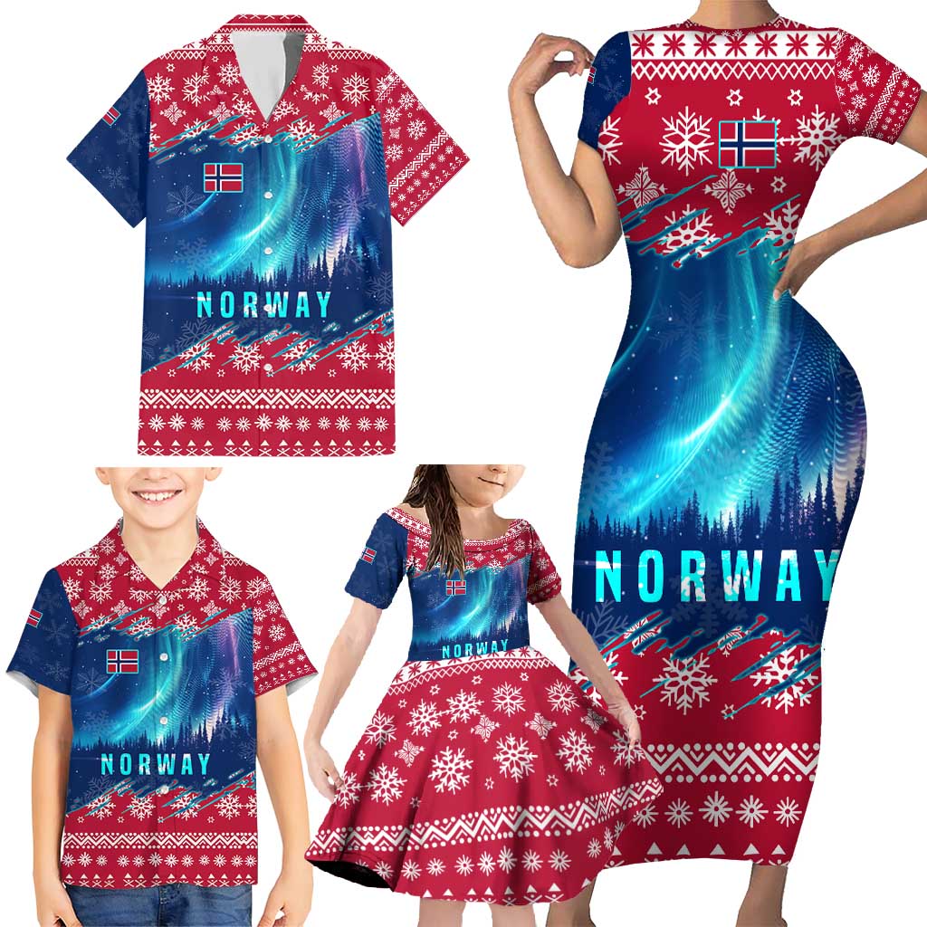 Norway Christmas Family Matching Short Sleeve Bodycon Dress and Hawaiian Shirt with Northern Lights Snowflake Pattern and Nordic Forest - Wonder Print Shop