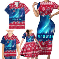 Norway Christmas Family Matching Short Sleeve Bodycon Dress and Hawaiian Shirt with Northern Lights Snowflake Pattern and Nordic Forest - Wonder Print Shop