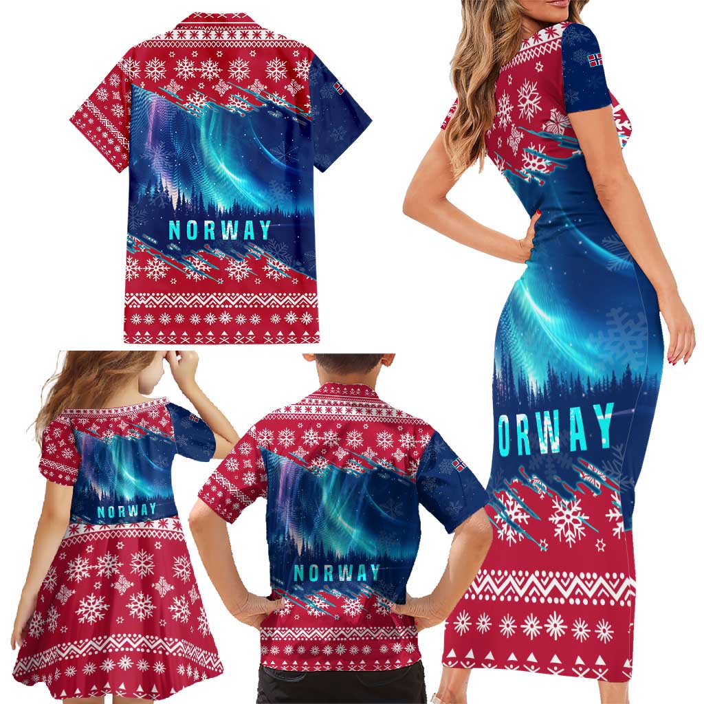 Norway Christmas Family Matching Short Sleeve Bodycon Dress and Hawaiian Shirt with Northern Lights Snowflake Pattern and Nordic Forest - Wonder Print Shop