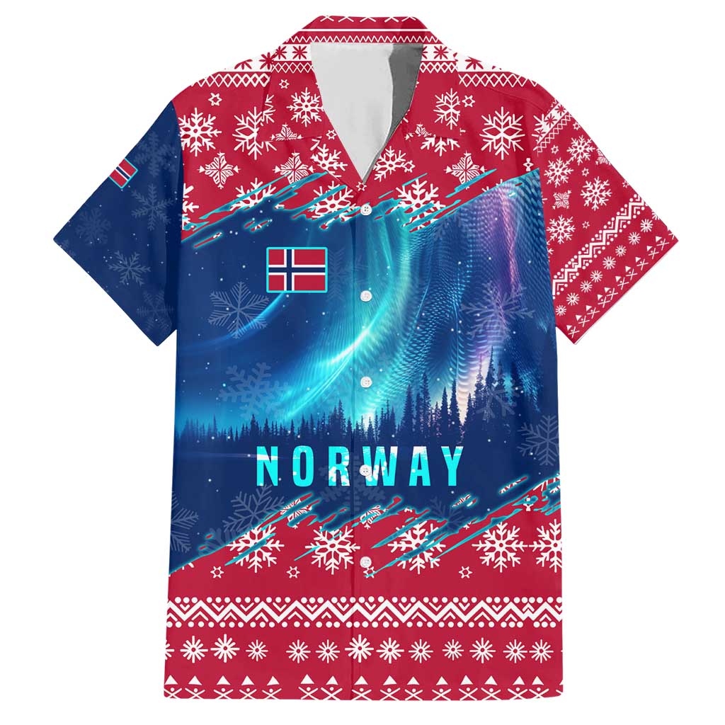 Norway Christmas Family Matching Short Sleeve Bodycon Dress and Hawaiian Shirt with Northern Lights Snowflake Pattern and Nordic Forest - Wonder Print Shop