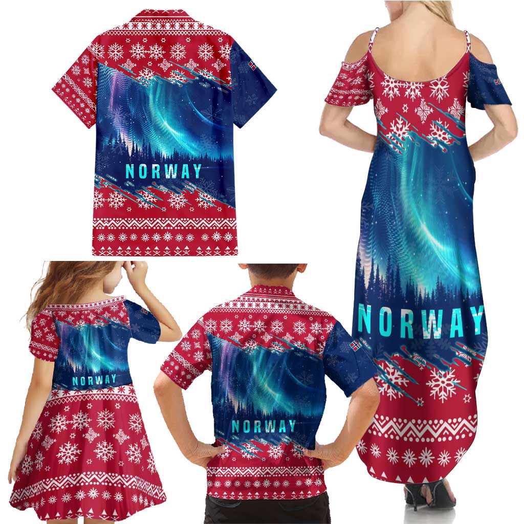 Norway Christmas Family Matching Summer Maxi Dress and Hawaiian Shirt with Northern Lights Snowflake Pattern and Nordic Forest - Wonder Print Shop