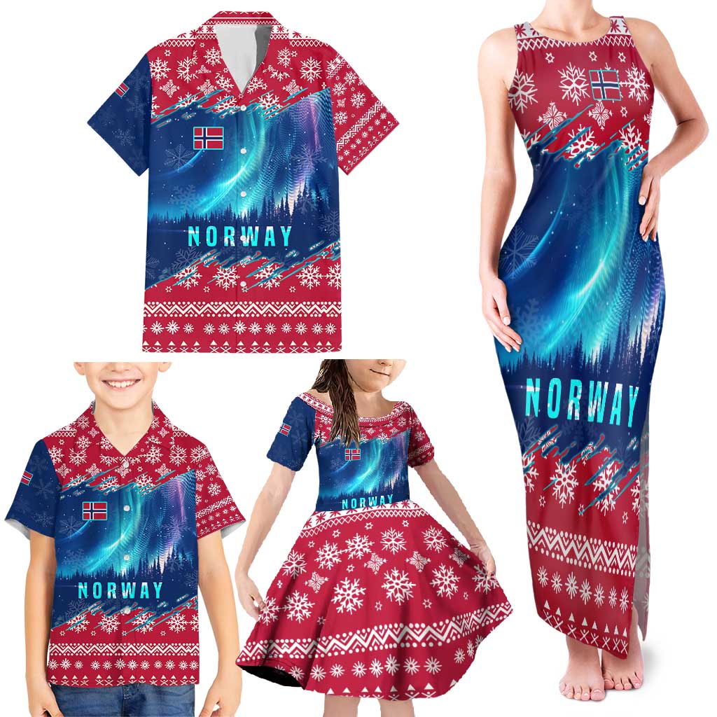 Norway Christmas Family Matching Tank Maxi Dress and Hawaiian Shirt with Northern Lights Snowflake Pattern and Nordic Forest - Wonder Print Shop