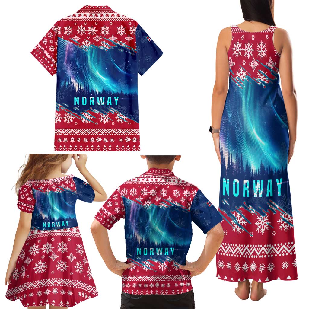 Norway Christmas Family Matching Tank Maxi Dress and Hawaiian Shirt with Northern Lights Snowflake Pattern and Nordic Forest - Wonder Print Shop