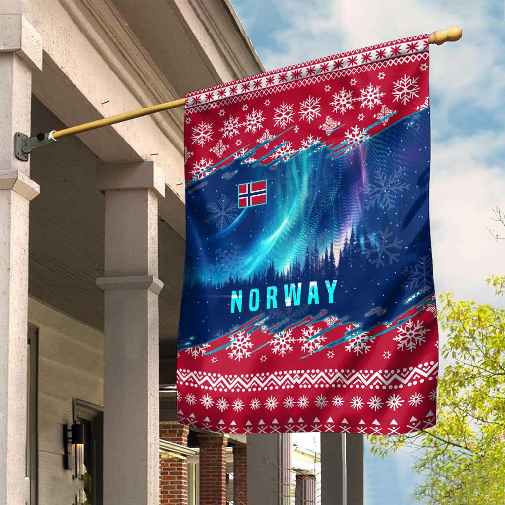 Norway Christmas Garden Flag with Northern Lights Snowflake Pattern and Nordic Forest - Wonder Print Shop