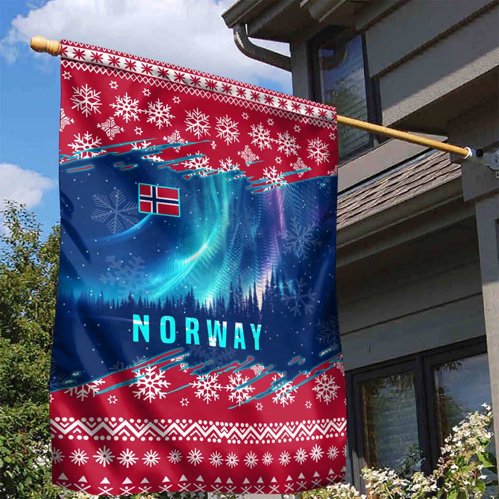Norway Christmas Garden Flag with Northern Lights Snowflake Pattern and Nordic Forest - Wonder Print Shop