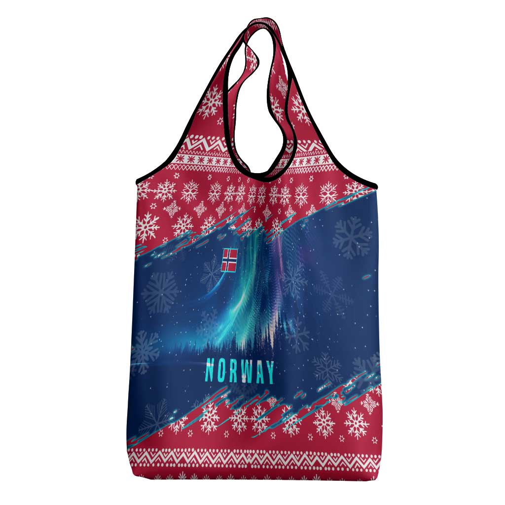 Norway Christmas Grocery Bag with Northern Lights Snowflake Pattern and Nordic Forest - Wonder Print Shop