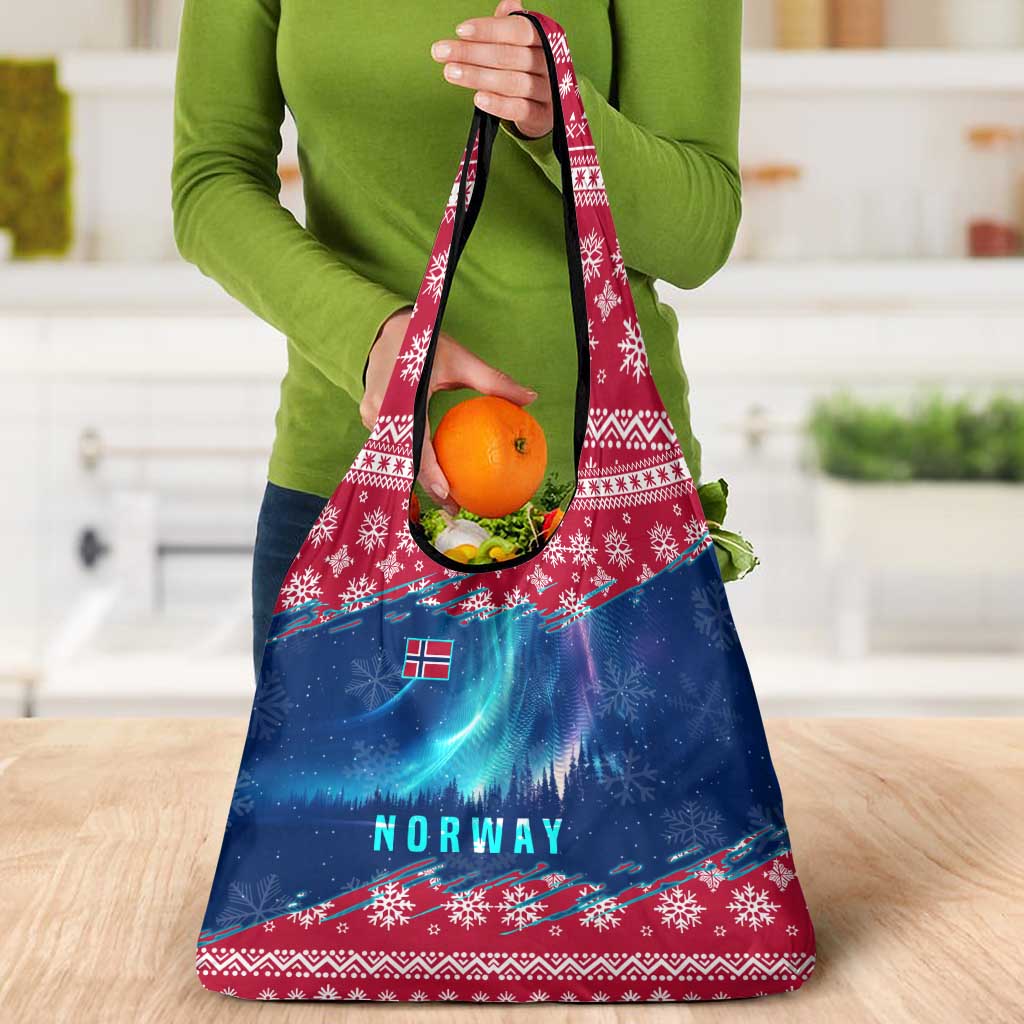 Norway Christmas Grocery Bag with Northern Lights Snowflake Pattern and Nordic Forest - Wonder Print Shop