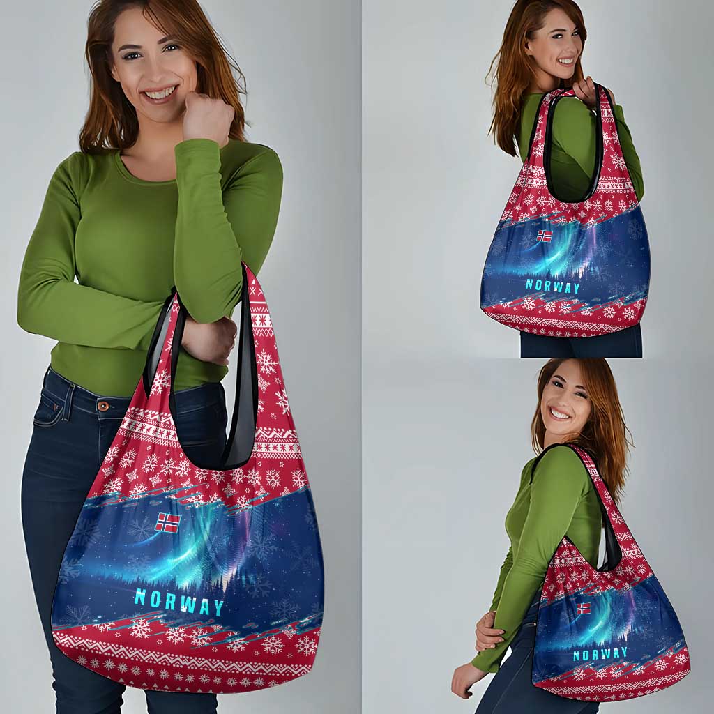 Norway Christmas Grocery Bag with Northern Lights Snowflake Pattern and Nordic Forest - Wonder Print Shop