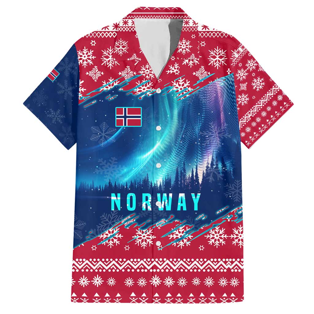 Norway Christmas Hawaiian Shirt with Northern Lights Snowflake Pattern and Nordic Forest - Wonder Print Shop