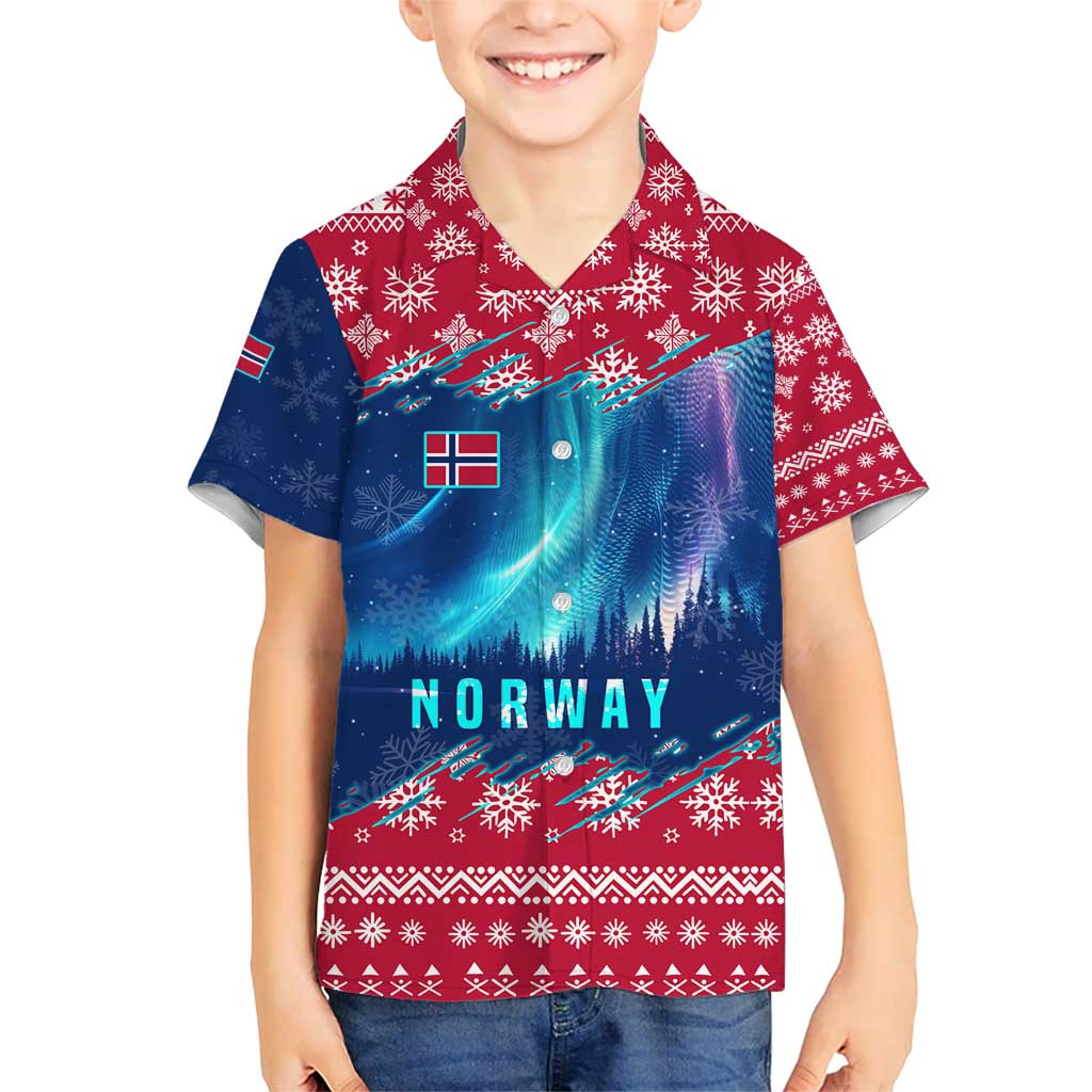 Norway Christmas Hawaiian Shirt with Northern Lights Snowflake Pattern and Nordic Forest - Wonder Print Shop