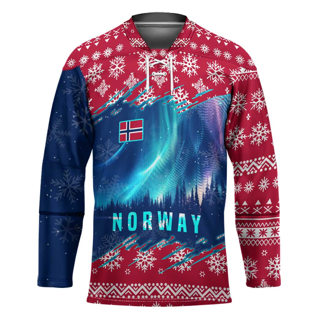 Norway Christmas Hockey Jersey with Northern Lights Snowflake Pattern and Nordic Forest - Wonder Print Shop