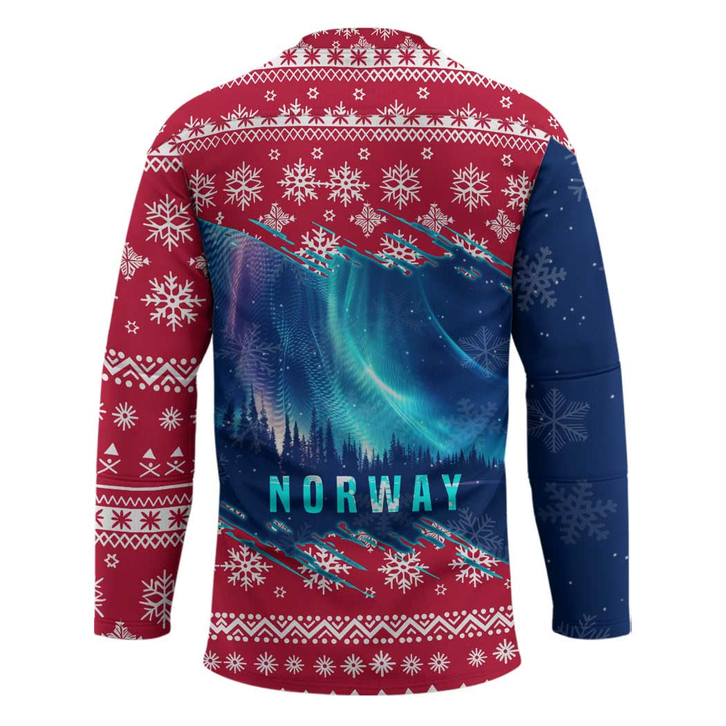 Norway Christmas Hockey Jersey with Northern Lights Snowflake Pattern and Nordic Forest - Wonder Print Shop