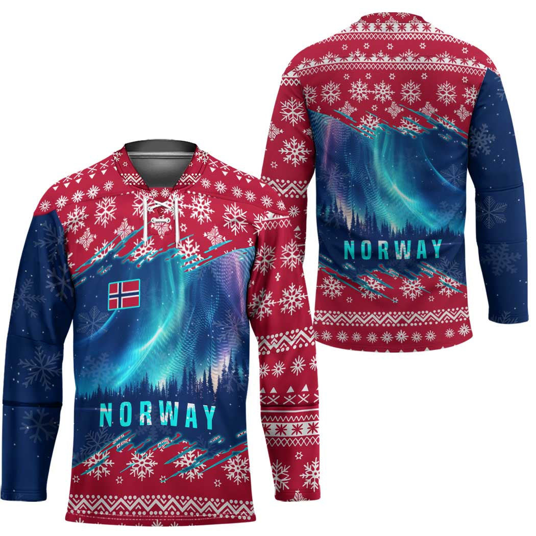 Norway Christmas Hockey Jersey with Northern Lights Snowflake Pattern and Nordic Forest - Wonder Print Shop